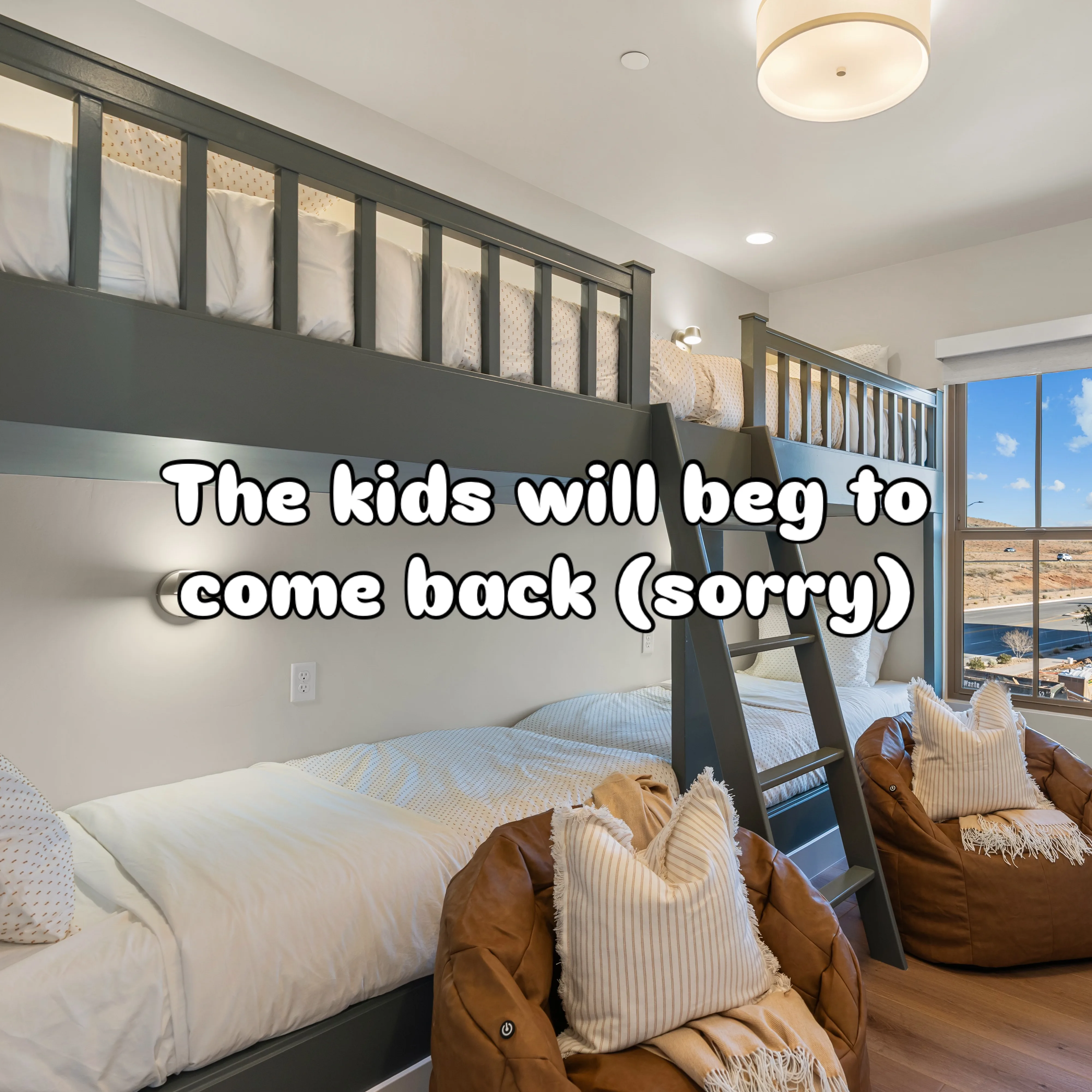 Four twins in the coolest room in the house. Grown-ups not allowed. Built for families — the kids will beg to come back. Room for 10 → radretreat.com #FamilyVacation #BunkRoom #StGeorgeUtah #DesertColor