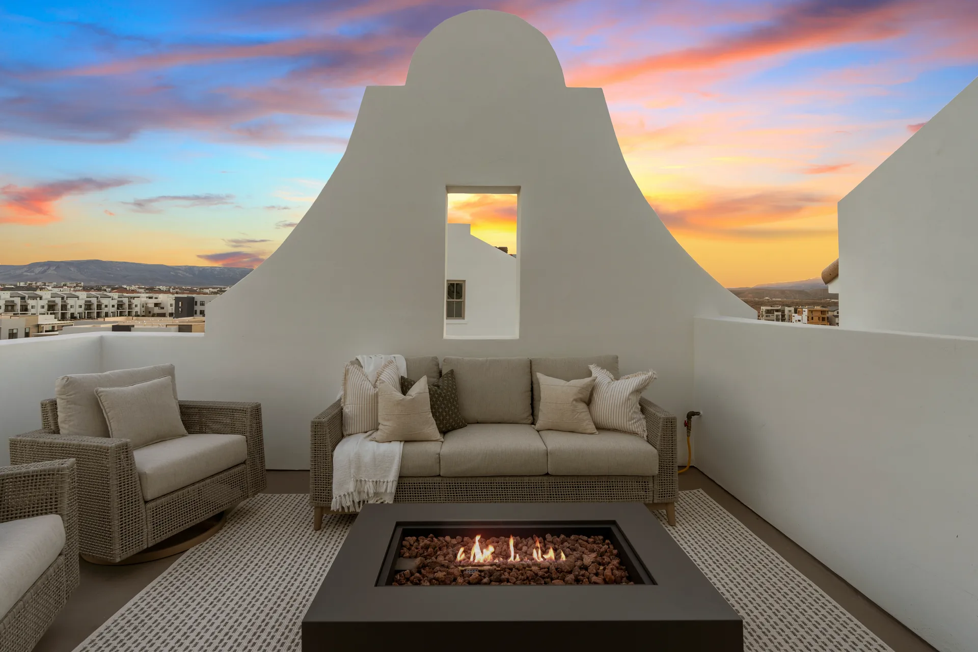 Rooftop fire table lounge at The Rad Retreat