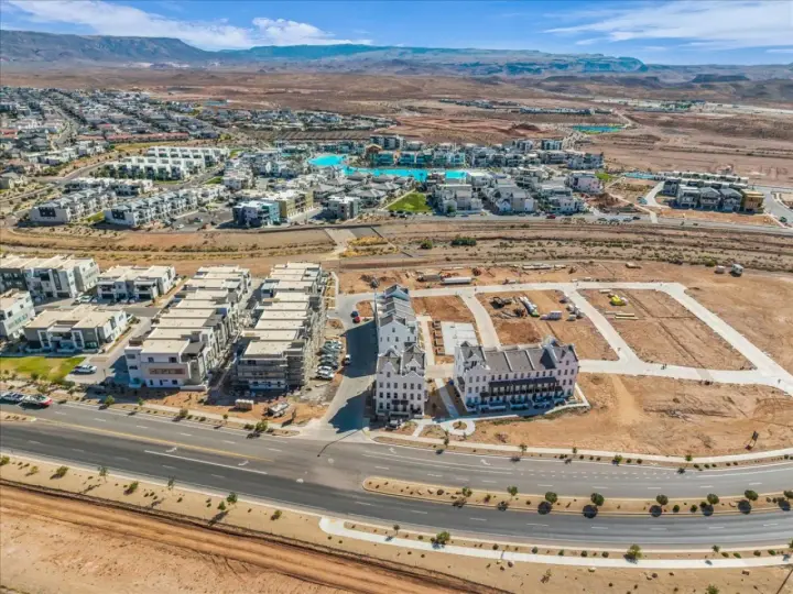 Aerial view from The Rad Retreat toward the Desert Color lagoon