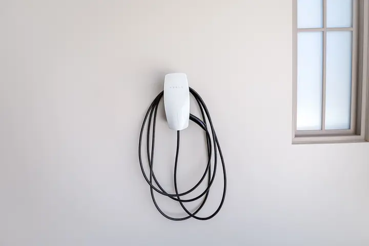 Wall-mounted Tesla EV charger beside the garage parking area
